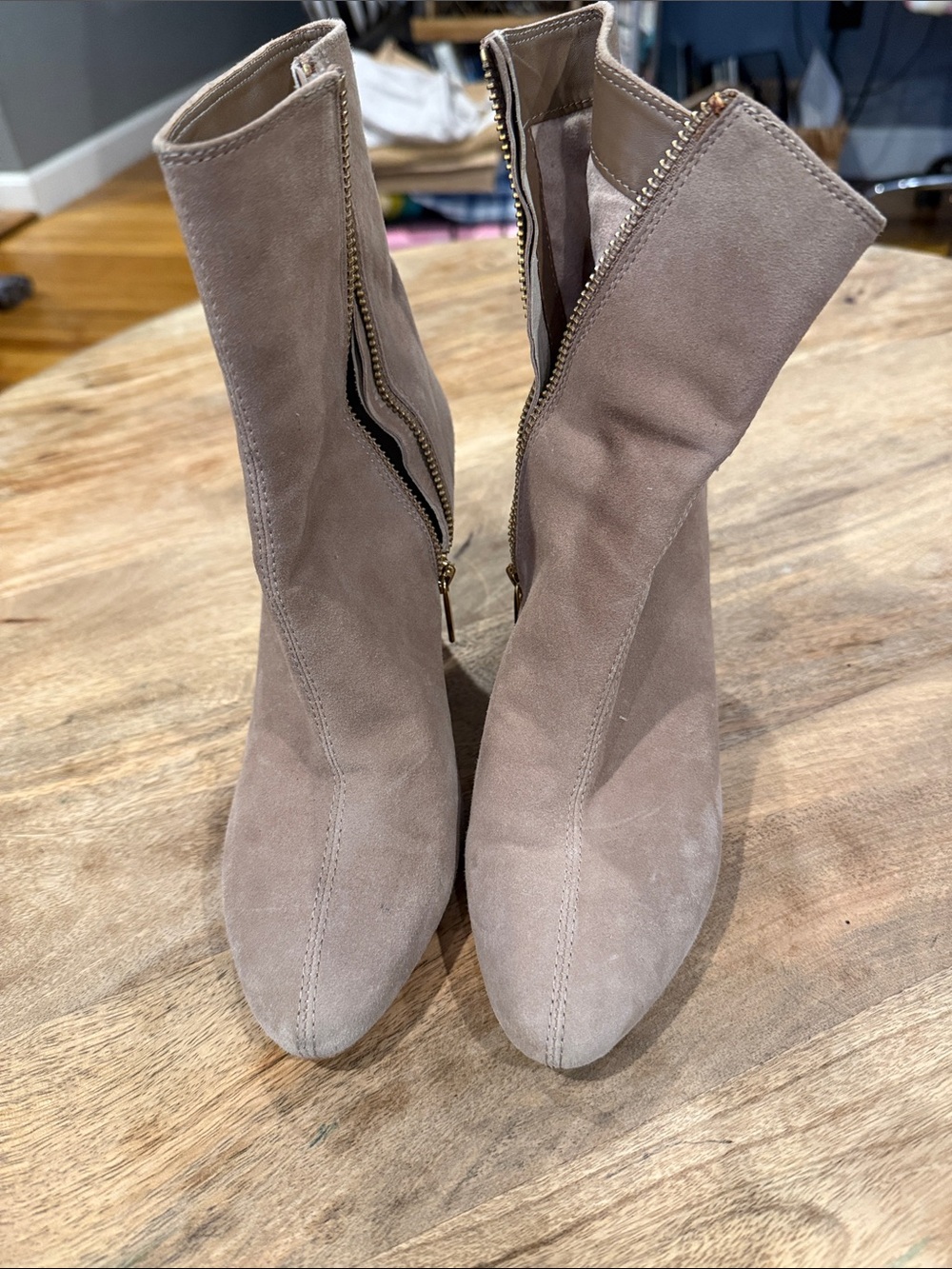 Michael Kors Taupe Suede Mid-Calf Heeled Boots with Side Zipper
